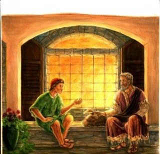 O filho pródigo perguntando ao pai por sua herança